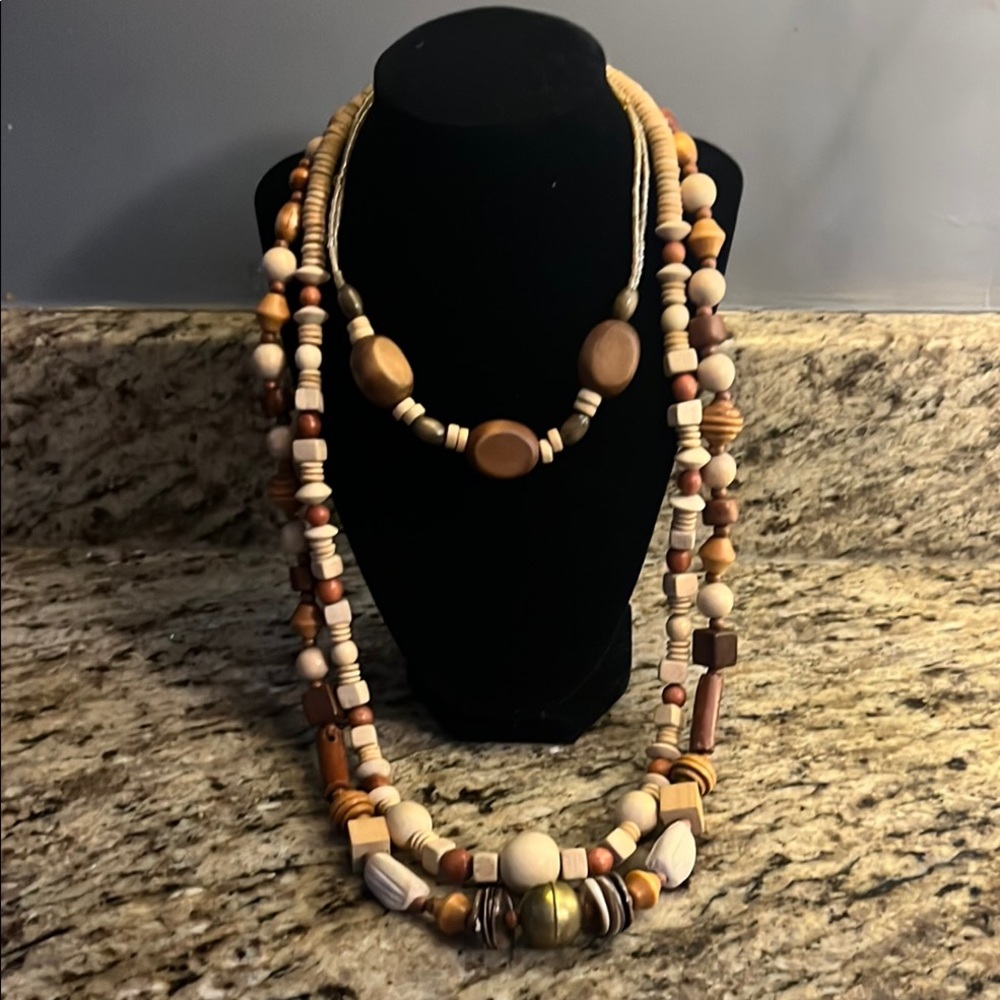 Natural Wood Beaded Necklace Set of 3